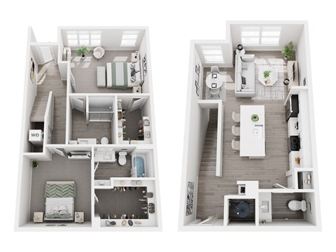 Floor plan layout of 1455 sf one-bedroom townhome apartment featuring two and one-half bathrooms, a den space, and patio.